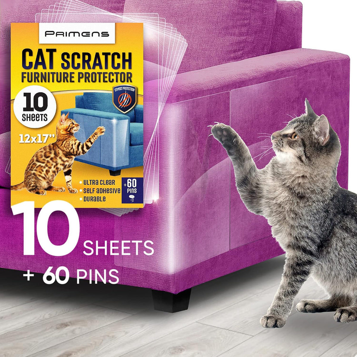 Heavy Duty Cat Scratch Deterrent Furniture Protectors for Sofa, Doors, Clear Couch Protectors from Cats Scratching, Anti Cat Scratch Tape Guards (Transparent, 10 Sheets 17x12)