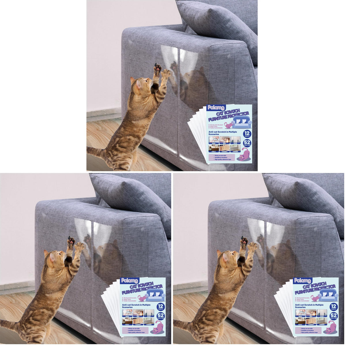 Anti Cat Scratch Furniture Protector 12-Pack Single-Sided, Heavy-Duty Self-Adhesive Tape, No Residue for Couch, Doors & Walls NO PINS