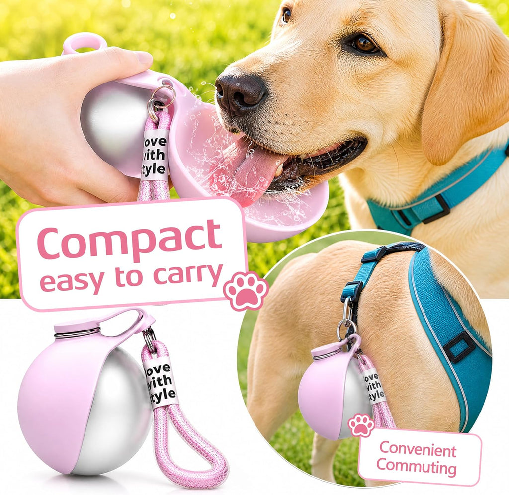 Portable Dog Water Bottle for Walking, 10oz Stainless Steel Pet Water Dispenser with Foldable Silicone Bowl, Leak-Proof Puppy Water Bottle for Small Dogs&Cats,Travel Hiking Outdoor Use(Pink)